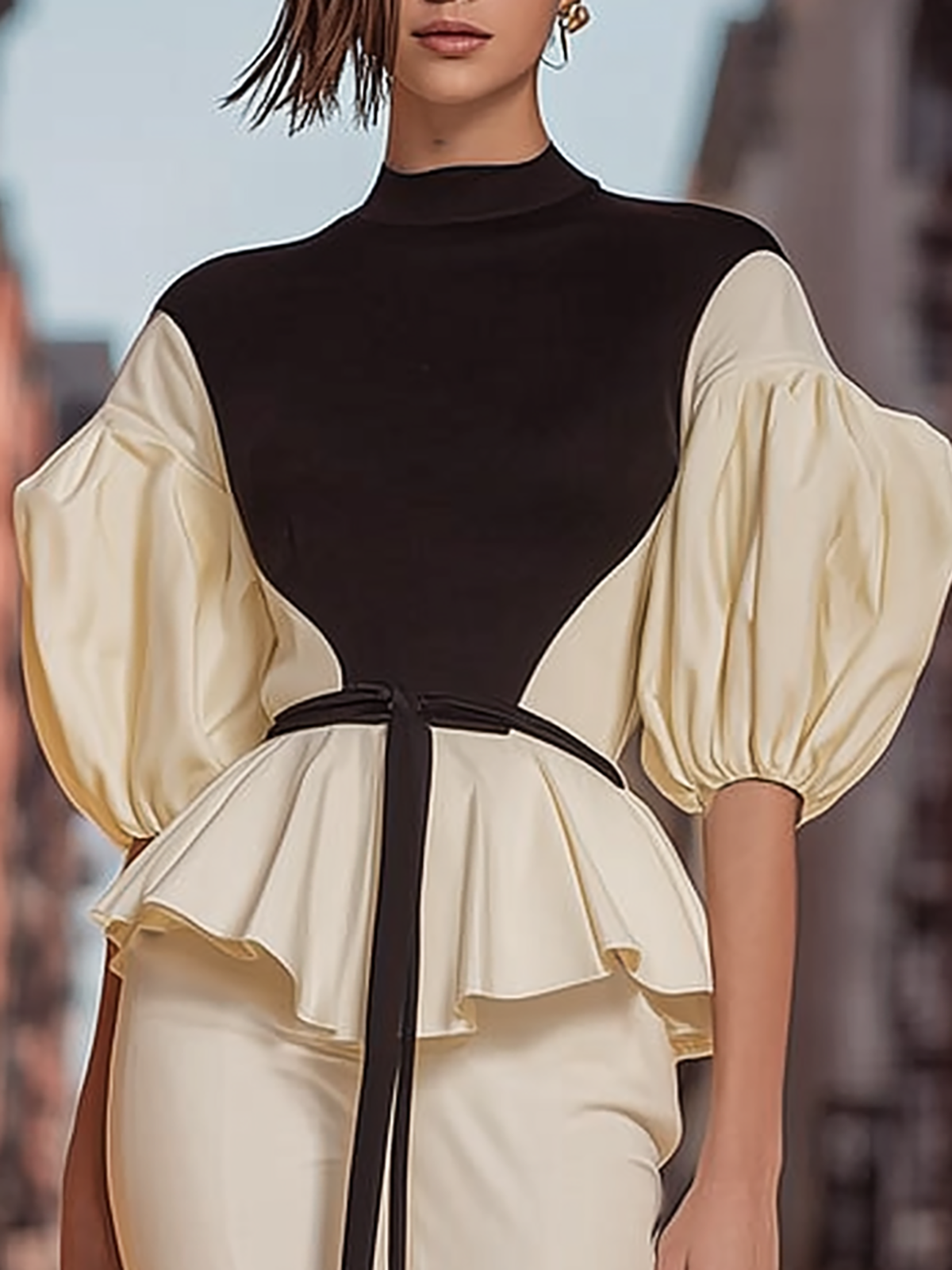 Kaelyn Contrast Mock Neck Blouse with Stylish Peplum Hem