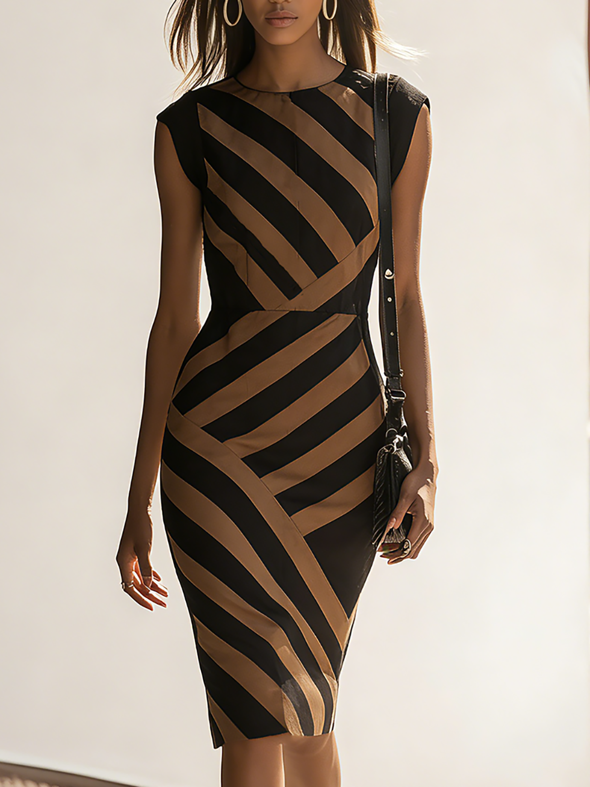 Kaelyn Black Brown Diagonal Stripe Midi Bodycon Dress
