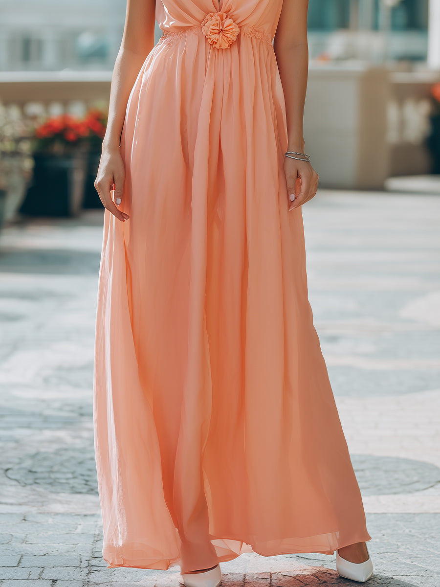Kaelyn Peach Halter Neck Floral Detail Chiffon Maxi Dress