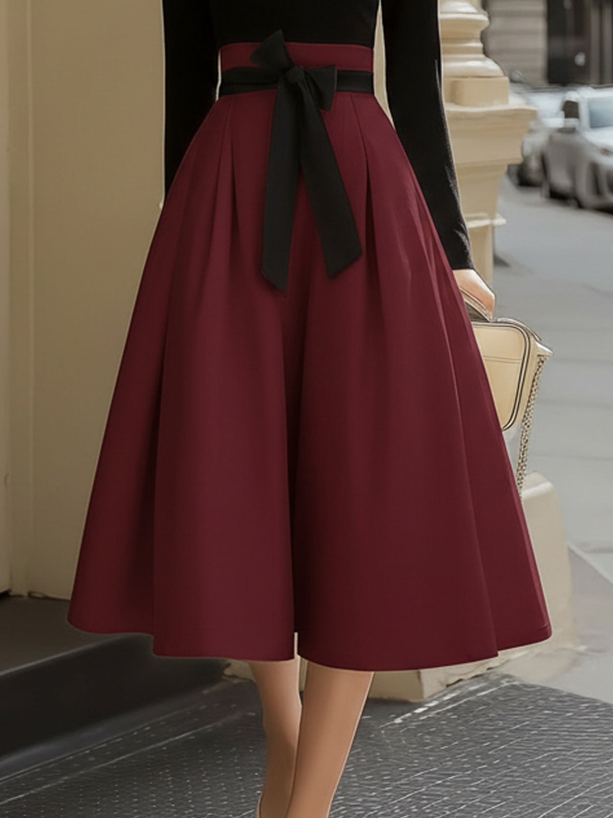 Kaelyn Black Top Burgundy Midi Skirt Two Piece Bow Detail