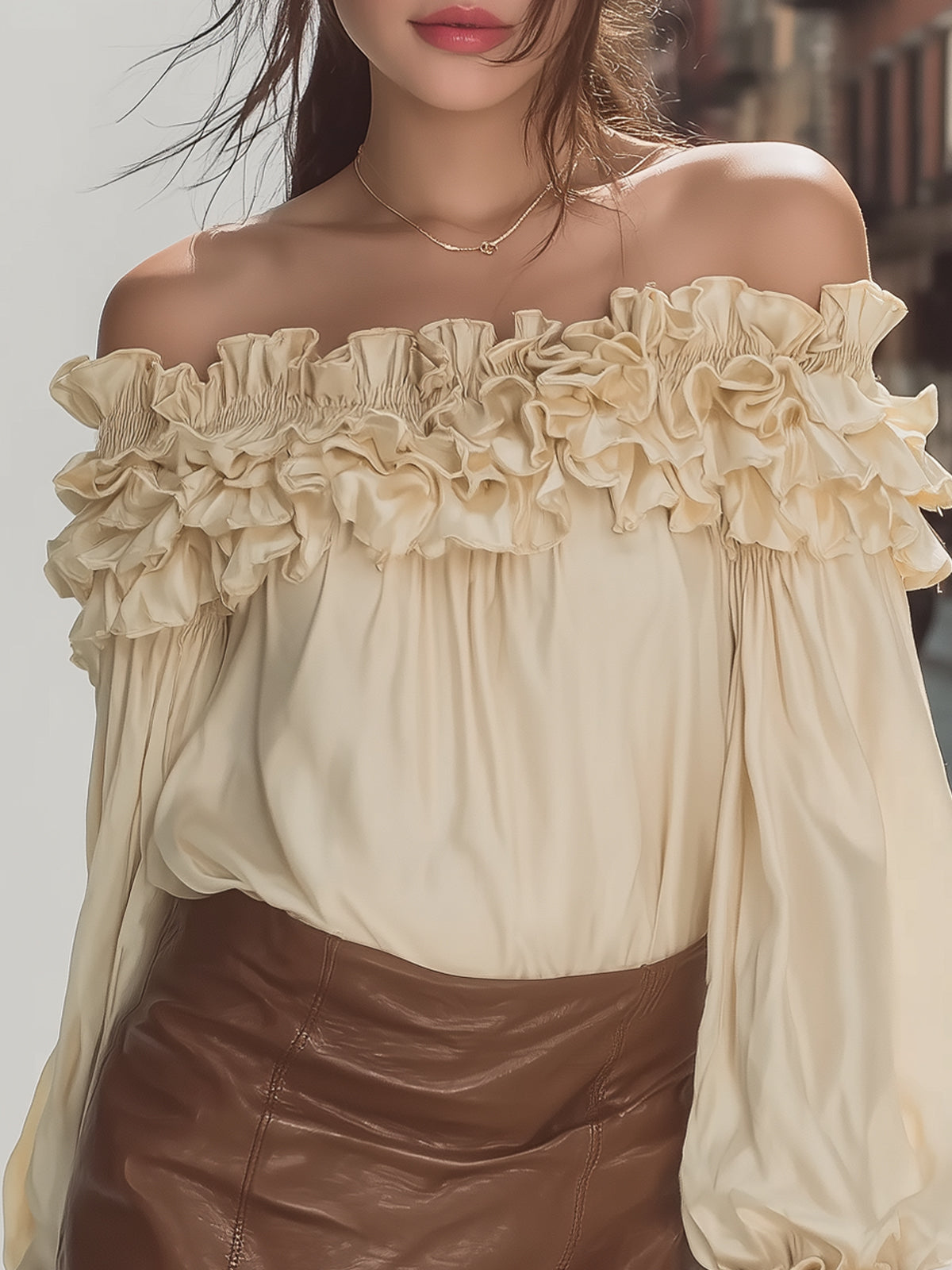 Kaelyn Vintage Off-Shoulder Satin Top - Ruffle Trim & Puff Sleeve