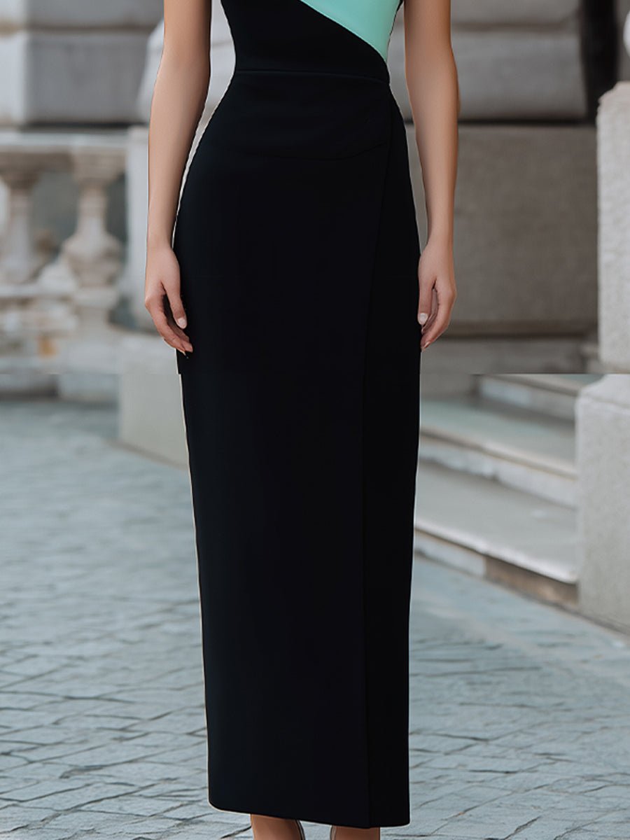 One - Shoulder Colorblock Slim Maxi Dress - Aura Her's LLC