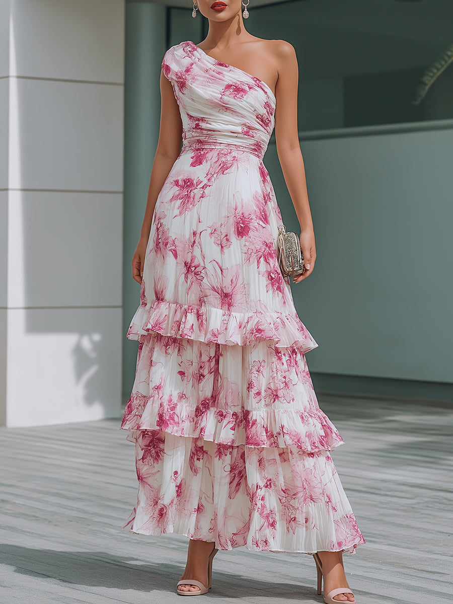Kaelyn Pink Floral One Shoulder Tiered Ruffle Maxi Dress