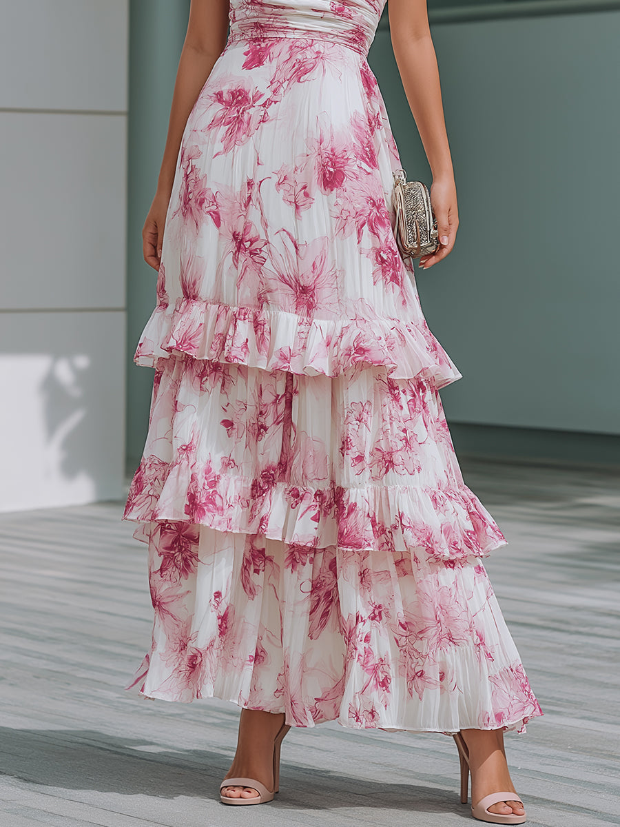 Kaelyn Pink Floral One Shoulder Tiered Ruffle Maxi Dress