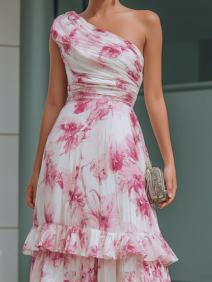Kaelyn Pink Floral One Shoulder Tiered Ruffle Maxi Dress