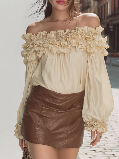 Kaelyn Vintage Off-Shoulder Satin Top - Ruffle Trim & Puff Sleeve
