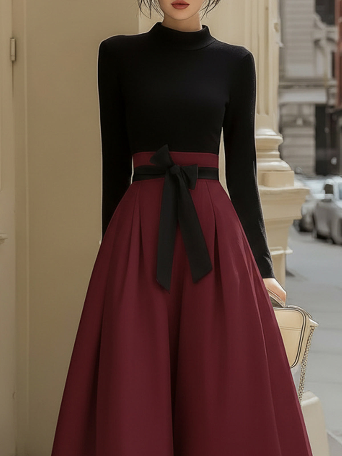 Kaelyn Black Top Burgundy Midi Skirt Two Piece Bow Detail
