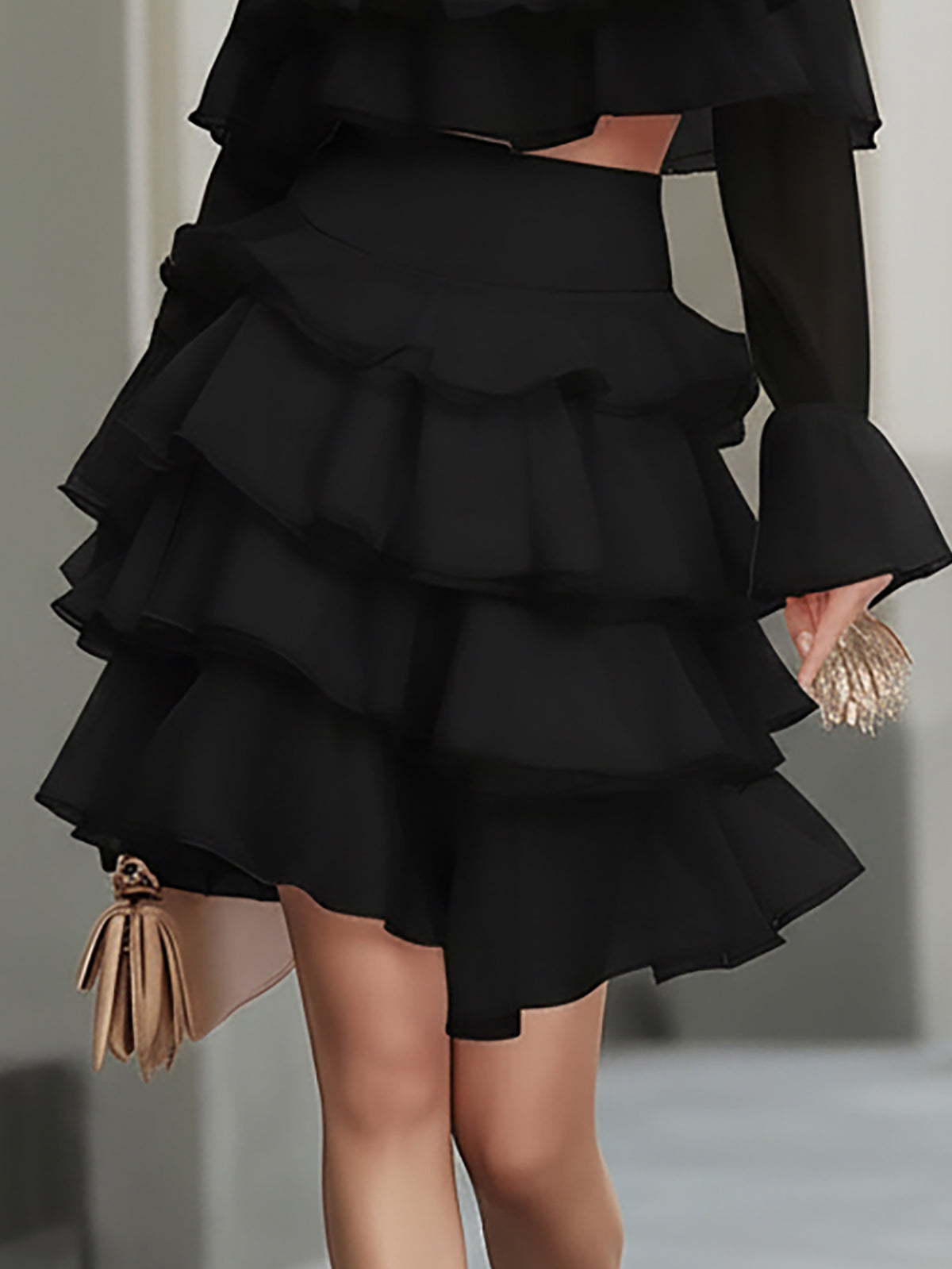 Kaelyn Black Two Piece Tiered Ruffle Crop Top Mini Skirt Set