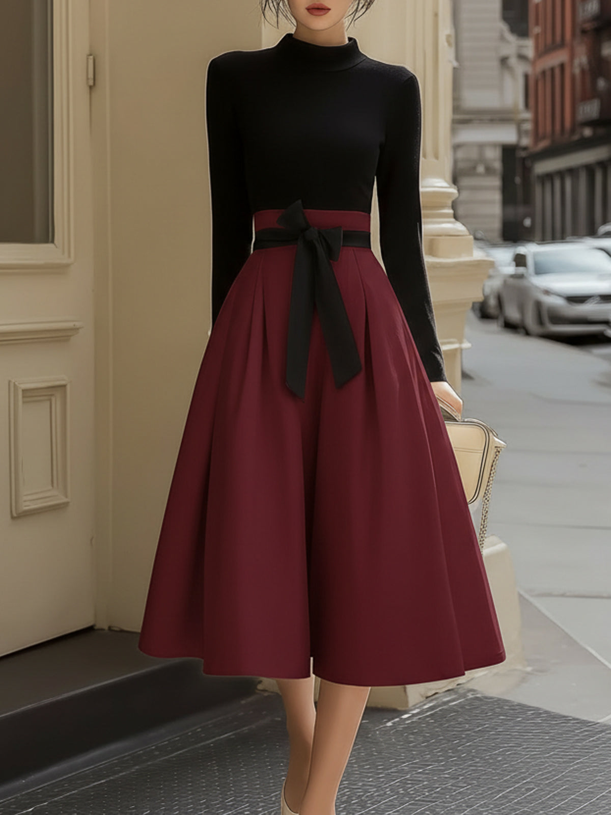 Kaelyn Black Top Burgundy Midi Skirt Two Piece Bow Detail