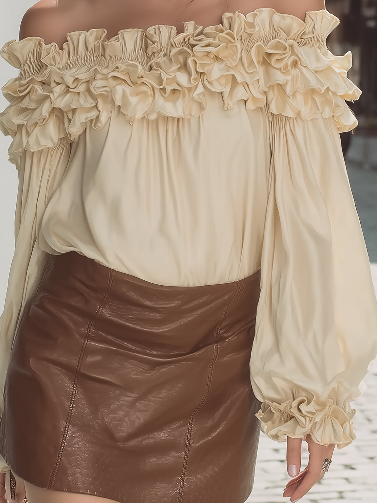 Kaelyn Vintage Off-Shoulder Satin Top - Ruffle Trim & Puff Sleeve