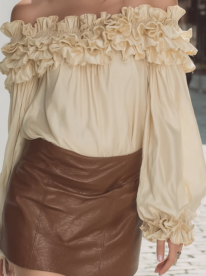 Kaelyn Vintage Off-Shoulder Satin Top - Ruffle Trim & Puff Sleeve