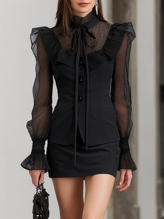 Maeyira Black Two Piece Sheer Sleeve Bow Blouse Mini Skirt Set 