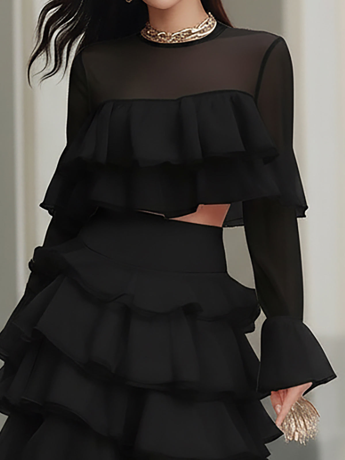 Kaelyn Black Two Piece Tiered Ruffle Crop Top Mini Skirt Set