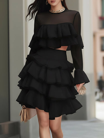 Kaelyn Black Two Piece Tiered Ruffle Crop Top Mini Skirt Set