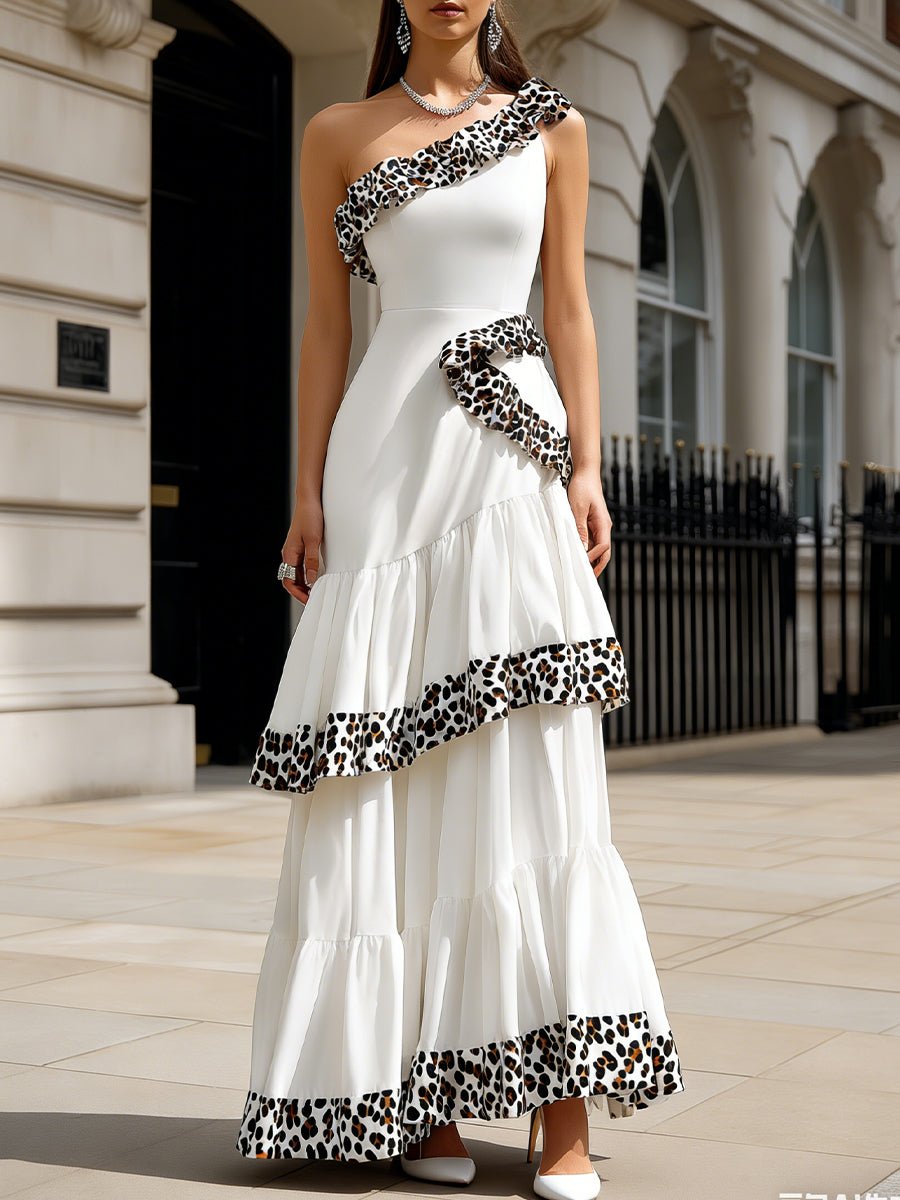 Asymmetric Ruffle Trim One - Shoulder Tiered Maxi Dress - Aura Her's LLC