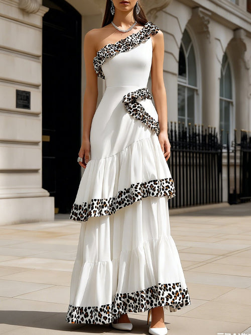 Asymmetric Ruffle Trim One - Shoulder Tiered Maxi Dress - Aura Her's LLC