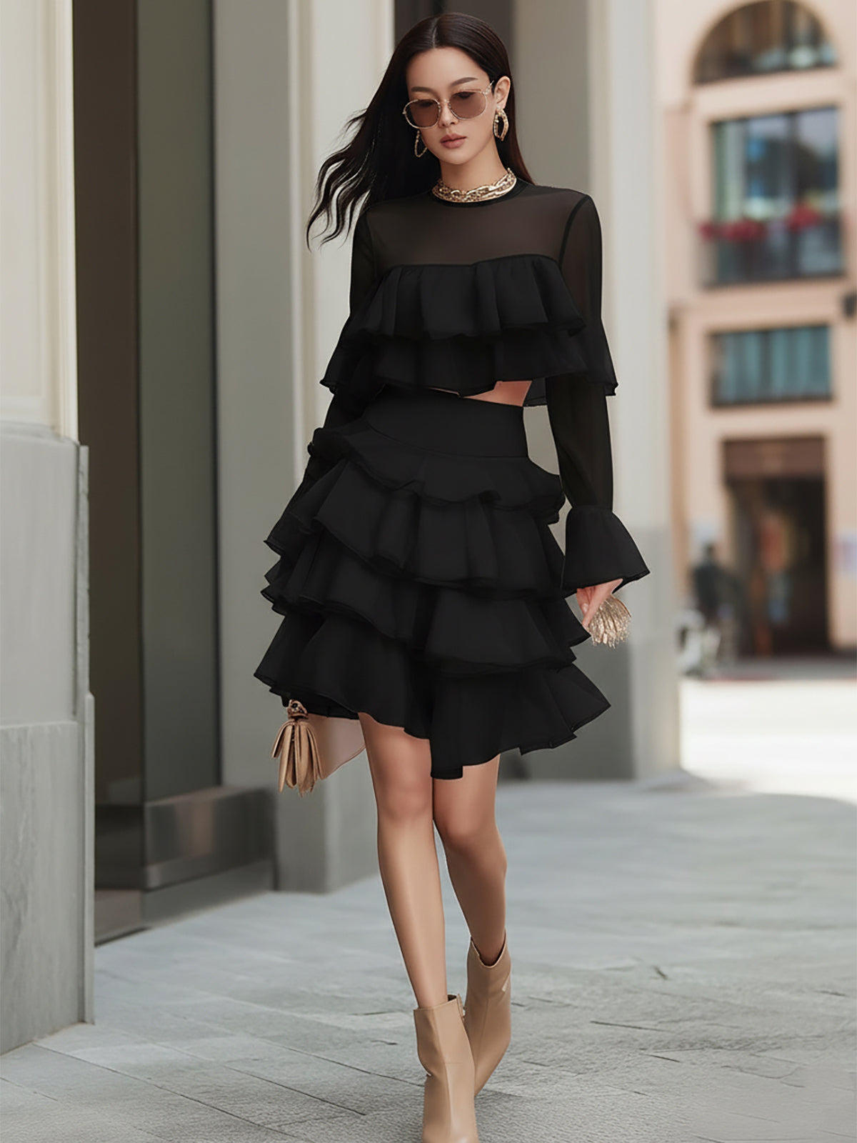 Kaelyn Black Two Piece Tiered Ruffle Crop Top Mini Skirt Set