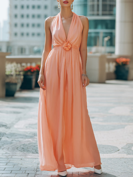 Kaelyn Peach Halter Neck Floral Detail Chiffon Maxi Dress
