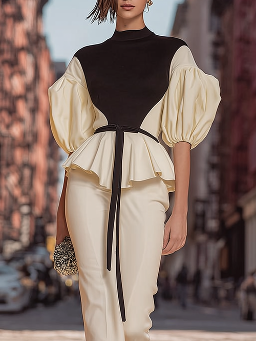 Kaelyn Contrast Mock Neck Blouse with Stylish Peplum Hem