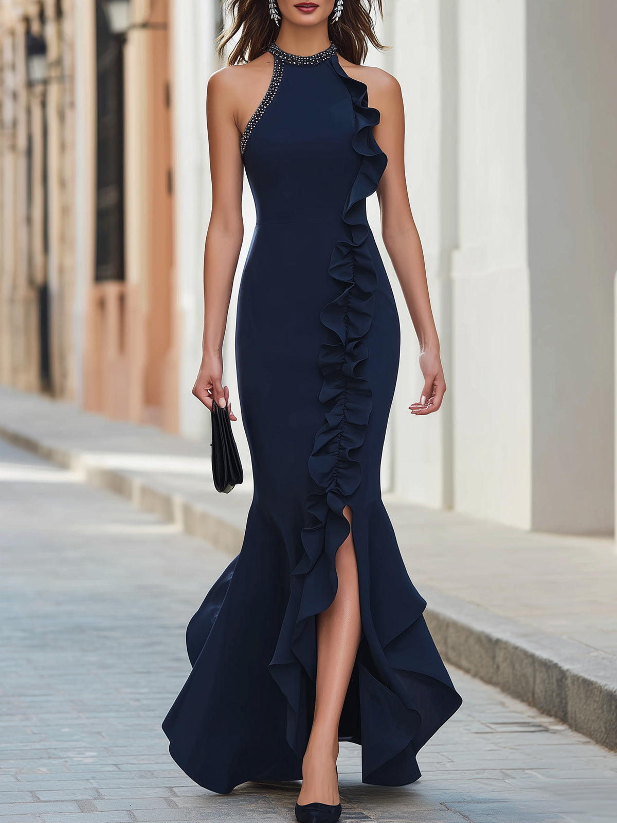 Kaelyn Navy Blue Halter Maxi Dress Ruffle Trim High Slit