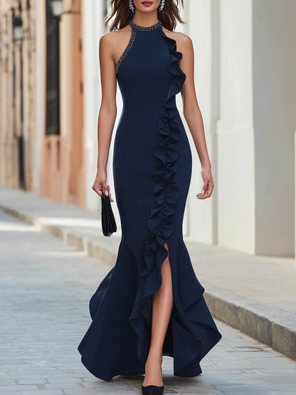 Kaelyn Navy Blue Halter Maxi Dress Ruffle Trim High Slit