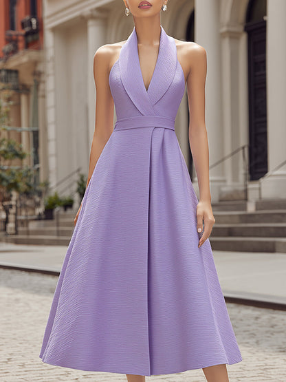 Kaelyn Lavender Halter V Neck Belted A Line Midi Dress