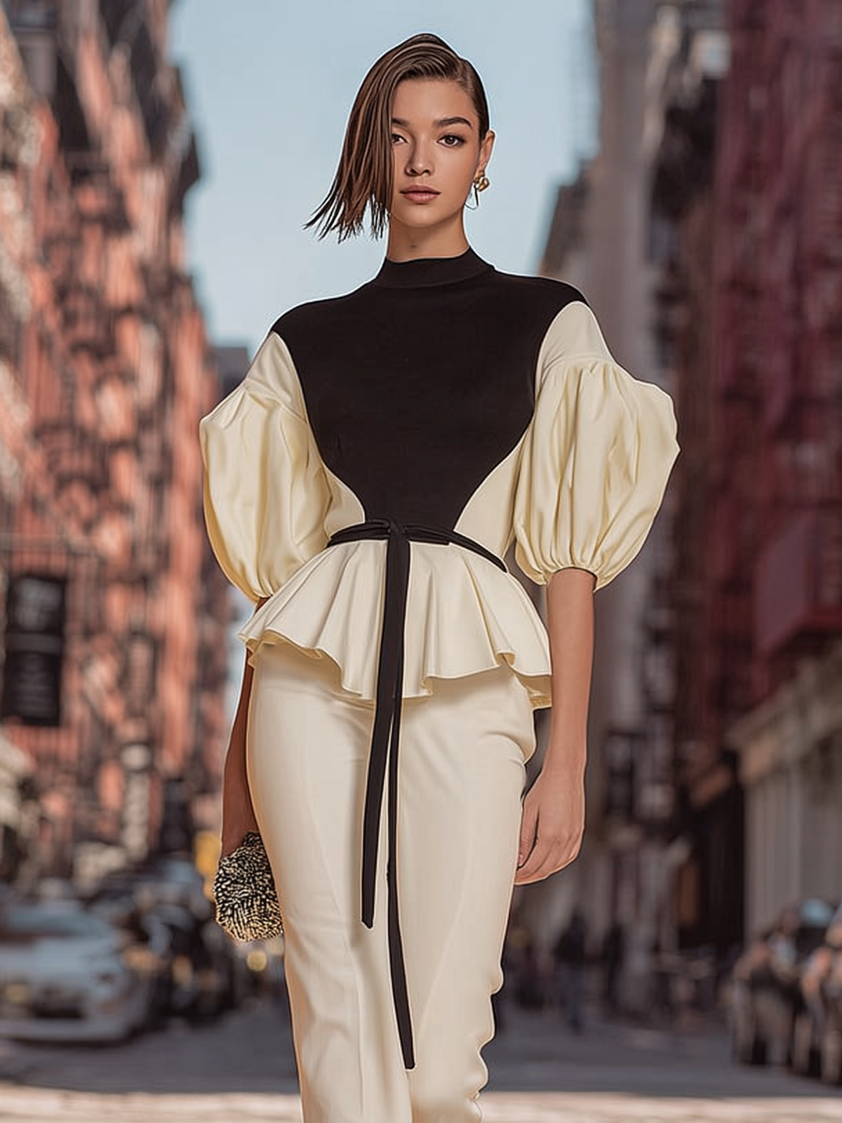 Kaelyn Contrast Mock Neck Blouse with Stylish Peplum Hem