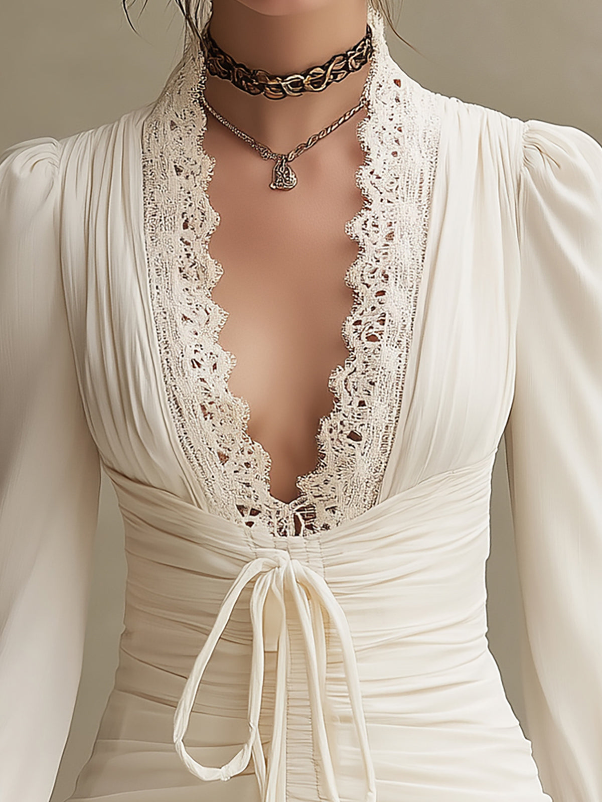 Kaelyn Elegant Deep V-Neck Dress - Cream with Crochet Lace Detail
