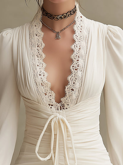Kaelyn Elegant Deep V-Neck Dress - Cream with Crochet Lace Detail